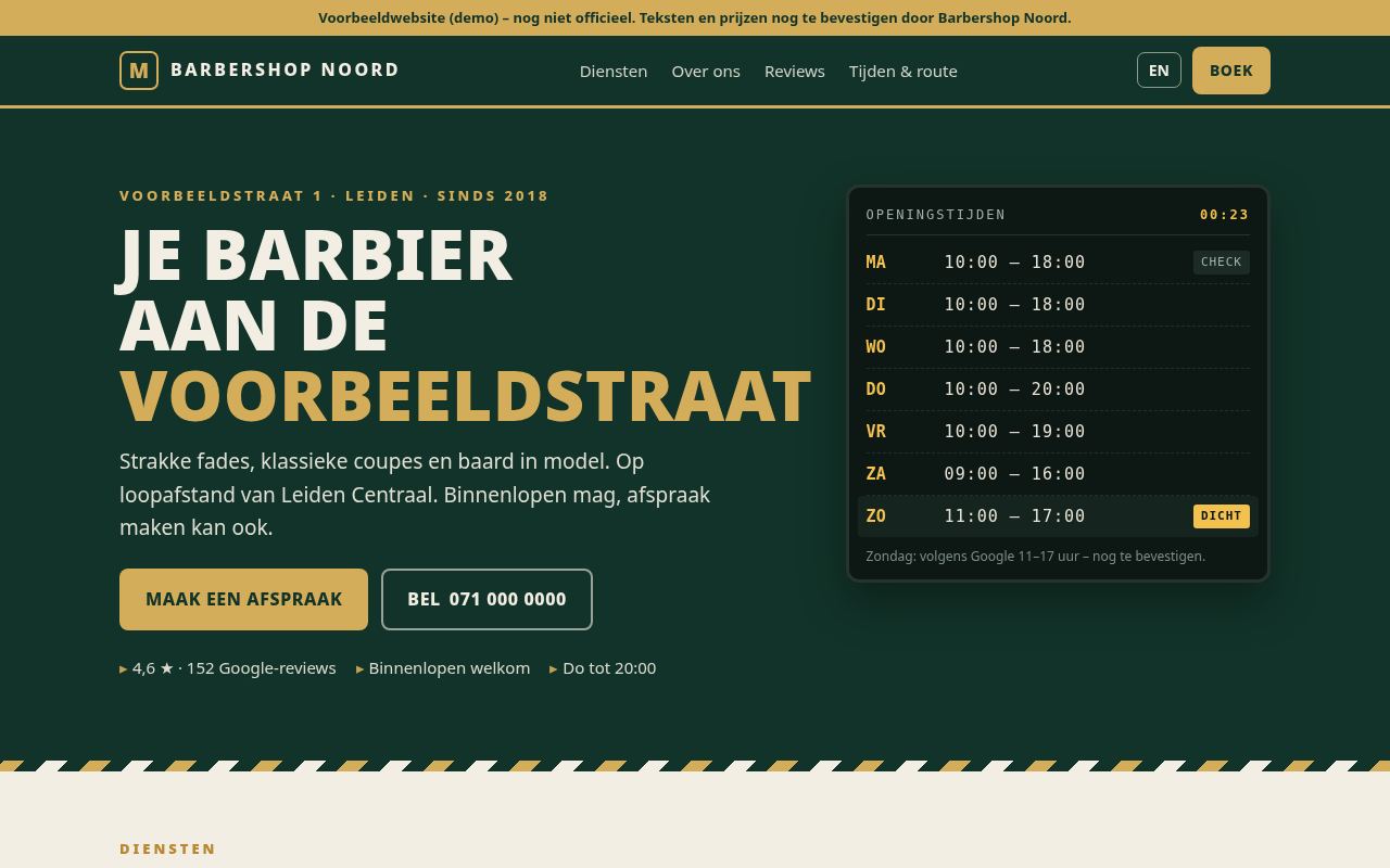 Voorbeeldontwerp website barbershop op computer